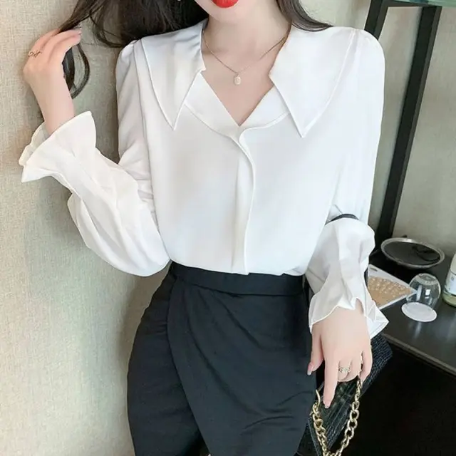 Korean Style Temperament Puff Sleeves Chic Design Women's Chiffon Shirt White - Shop at LoveMi