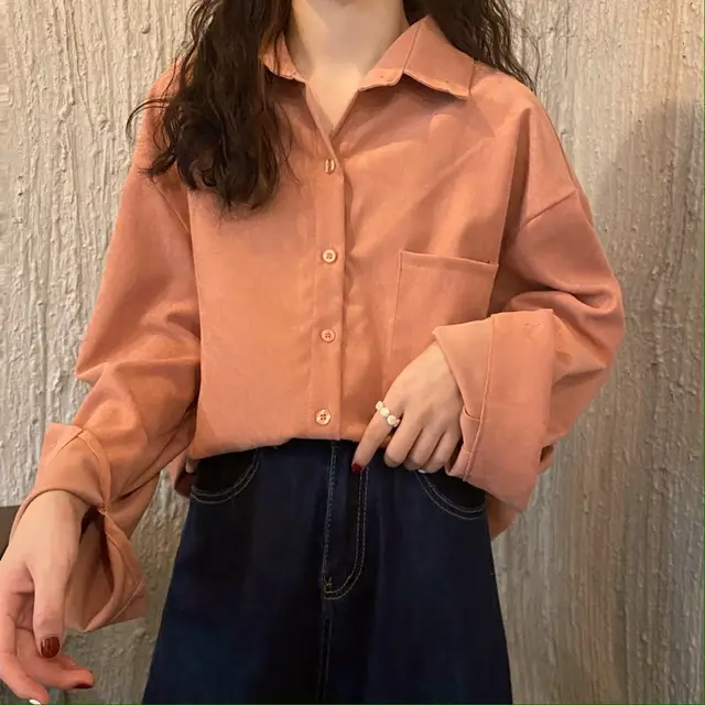Long Sleeve Autumn Retro Flavor Corduroy French New Shirt Lotus Pink - Shop at LoveMi