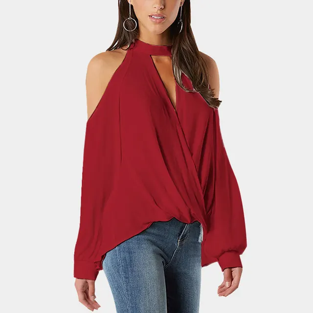Off shoulder Halter Button Long Sleeve Women's T shirt Red - Shop at LoveMi
