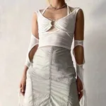 Panelled Tie Halter Neck Smocked Long Sleeves - White