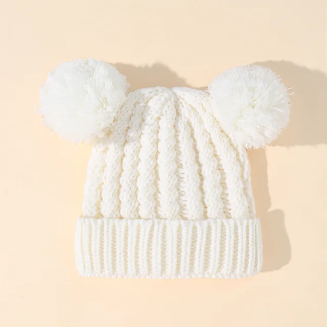 New Double Ball Children's Knitted Pullover Warm Wool Hat White - Shop at LoveMi