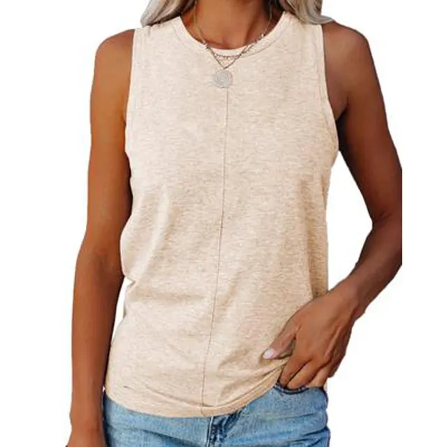 Summer Women's Stylish Loose Round Neck Solid Color Sleeveless Vest T shirt Khaki - Shop at LoveMi