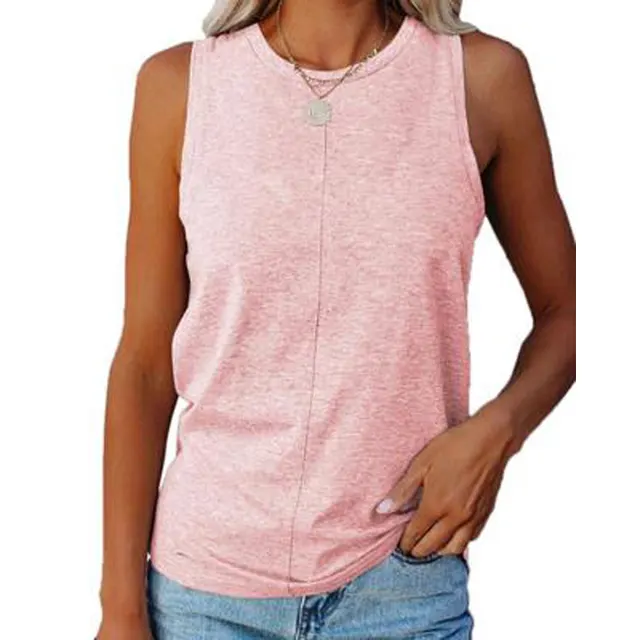 Summer Women's Stylish Loose Round Neck Solid Color Sleeveless Vest T shirt Pink - Shop at LoveMi