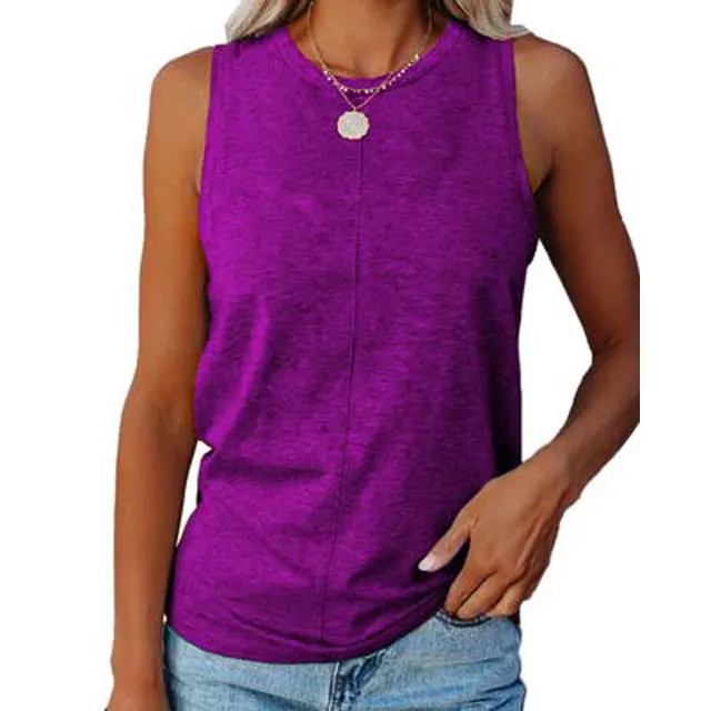 Summer Women's Stylish Loose Round Neck Solid Color Sleeveless Vest T shirt Purple - Shop at LoveMi