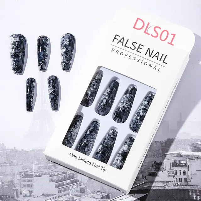 Bright Oil Color Marble Pattern European And American Style Long Fake Nails - Dls01 No Glue