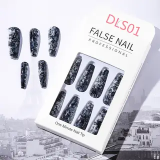 Bright Oil Color Marble Pattern European And American Style Long Fake Nails - Dls01 No Glue