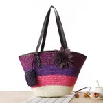 Korean Straw Plaited Son And Mother Beach Shoulder Bag - Purple