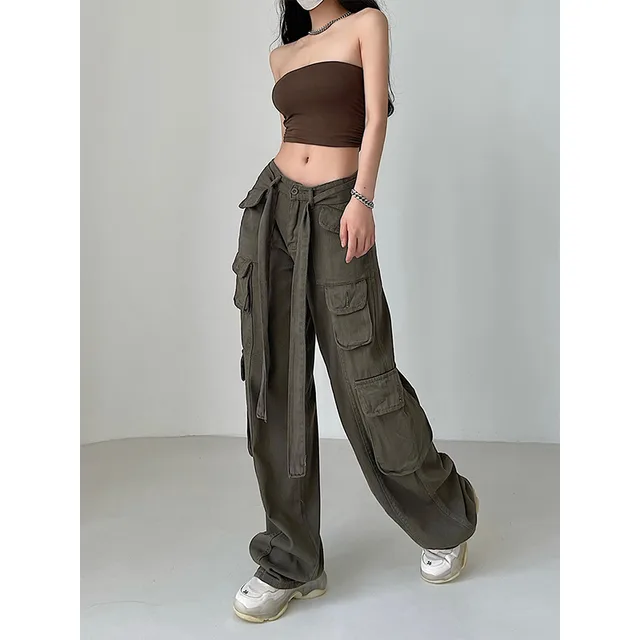 Street Loose And Thin Multi pocket Wide leg Overalls Grey Green - Shop at LoveMi