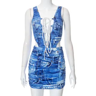 Fashion Women's Wear Autumn Denim Printed Lace Up Dress - Blue