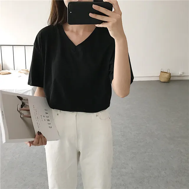 Spring And Summer New V neck Solid Color Pullover T shirt Women's Short Sleeve Korean Style Loose Retro Style Half Sleeve Top T shirt Black V Neck - Shop at LoveMi