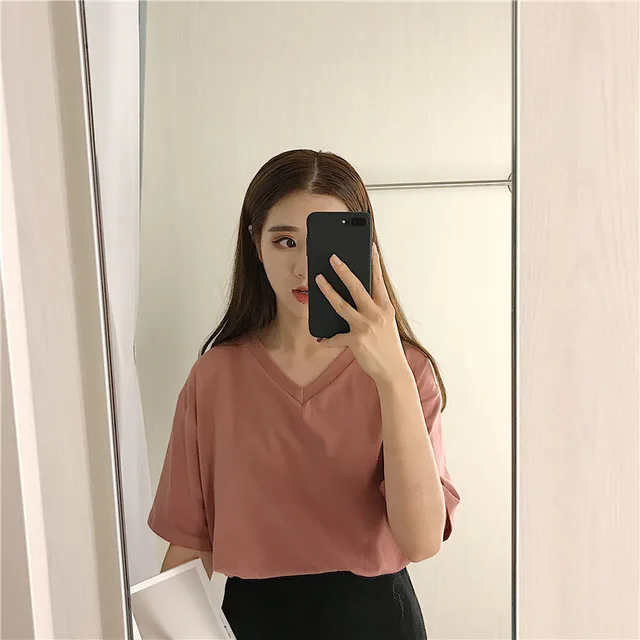 Spring And Summer New V neck Solid Color Pullover T shirt Women's Short Sleeve Korean Style Loose Retro Style Half Sleeve Top T shirt Brick Red V... Brick Red V Neck - Shop at LoveMi