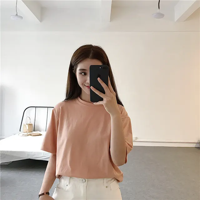 Spring And Summer New V neck Solid Color Pullover T shirt Women's Short Sleeve Korean Style Loose Retro Style Half Sleeve Top T shirt Orange Pink... Orange Pink Round Neck - Shop at LoveMi