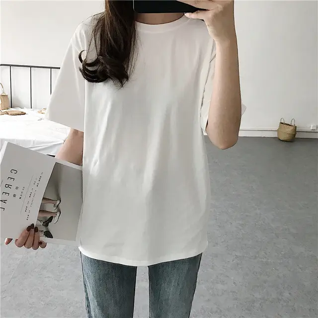 Spring And Summer New V neck Solid Color Pullover T shirt Women's Short Sleeve Korean Style Loose Retro Style Half Sleeve Top T shirt White Round... White Round Neck - Shop at LoveMi