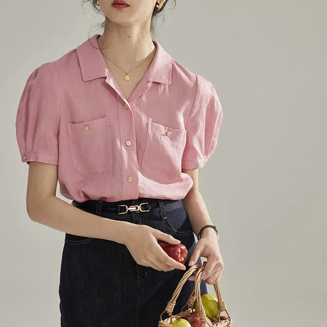 Vintage Puff Sleeve Ladies Short Sleeve Shirt Top Pink - Shop at LoveMi