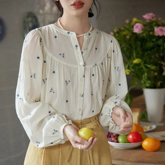 Women's Niche Loose Embroidered Floral Shirt Blue Flower - Shop at LoveMi
