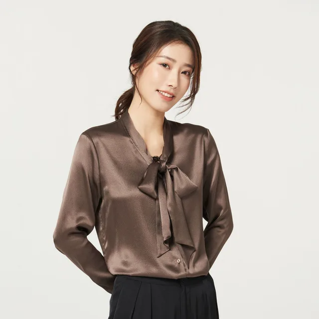 Women's Long Sleeve Silk Silk Shirt Coffee - Shop at LoveMi