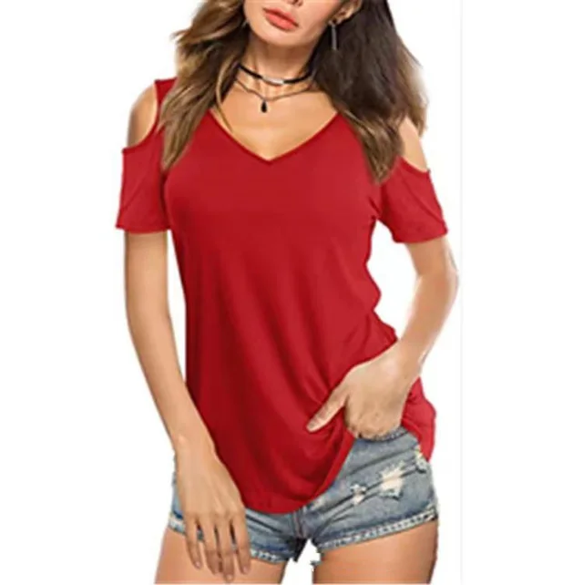 New V neck Solid Color Off the shoulder Short sleeved T shirt Red - Shop at LoveMi