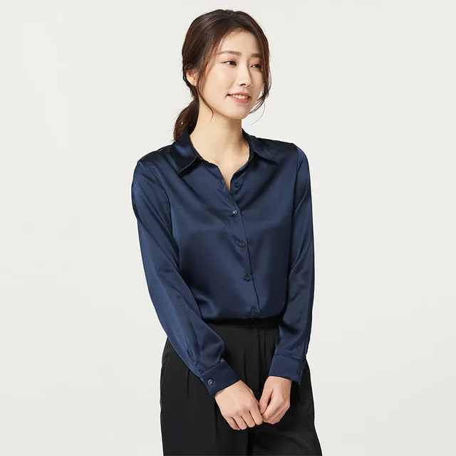 Women's Long Sleeve Satin Heavy Silk Shirt Navy Blue - Shop at LoveMi