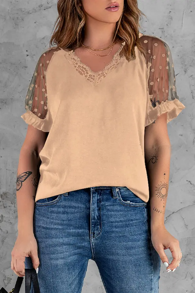 Lace Short Sleeve Top Ladies Slim Fit V Neck Pullover T Shirt Apricot - Shop at LoveMi