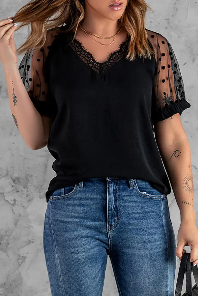 Lace Short Sleeve Top Ladies Slim Fit V Neck Pullover T Shirt Black - Shop at LoveMi