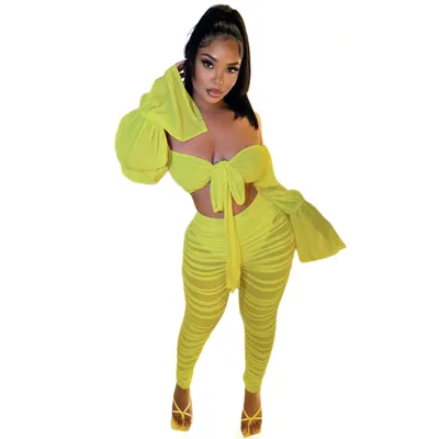 European And American Women's Clothing Bell Sleeve Off neck T shirt Mesh Pleats Trousers Suit Yellow - Shop at LoveMi