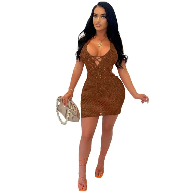 European And American Women's Clothing Halter Strap Backless Long Tassel Crocheted Knitted Sheath Beach Skirt Brown - Shop at LoveMi