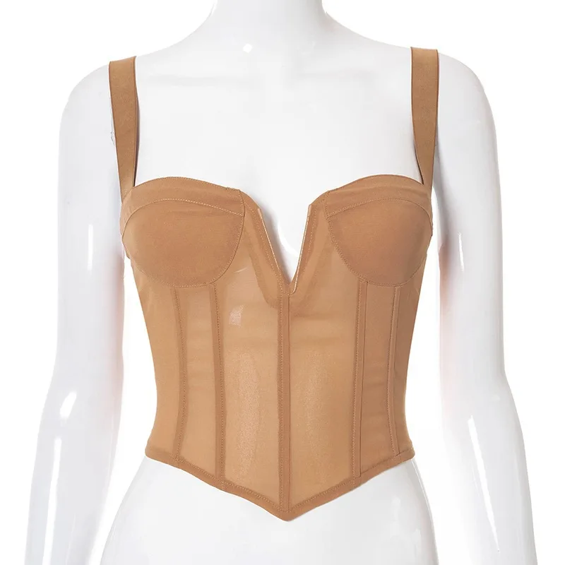 Women's Fashion Mesh Sheer Cropped Top - Khaki