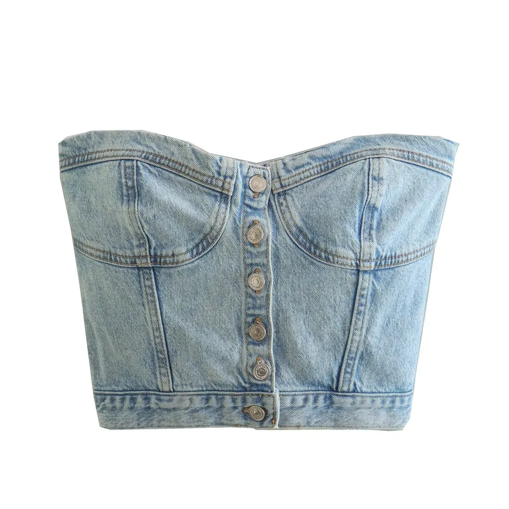 Denim Wrap Top With Ins Strapless Pockets Blue - Shop at LoveMi