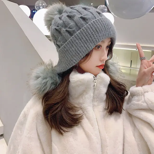 Women's Trendy Hats Sweet And Cute Three Balls Wool Grey - Shop at LoveMi