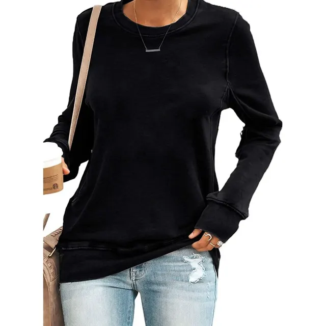 Temperament Commuter Long sleeved Round Neck Solid Color T shirt Top Black - Shop at LoveMi