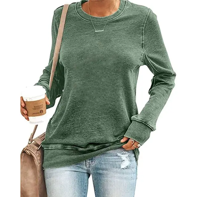 Temperament Commuter Long sleeved Round Neck Solid Color T shirt Top Green - Shop at LoveMi