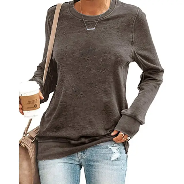 Temperament Commuter Long sleeved Round Neck Solid Color T shirt Top Rust Red - Shop at LoveMi