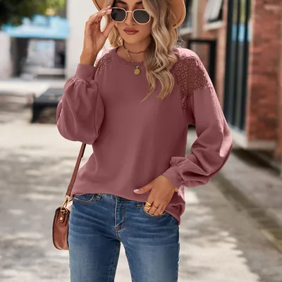 Women's New Long sleeved Lace Stitching Round Neck Loose T shirt Brick Red - Shop at LoveMi