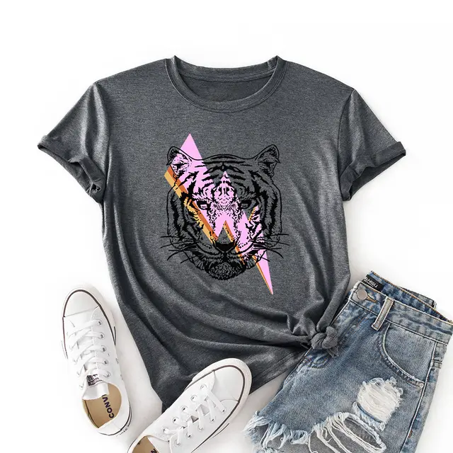 Women's Lightning Tiger Loose Round Neck Color Cotton Short Sleeve T Shirt Grey - Shop at LoveMi