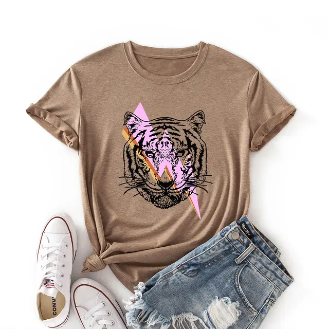Women's Lightning Tiger Loose Round Neck Color Cotton Short Sleeve T Shirt Khaki - Shop at LoveMi
