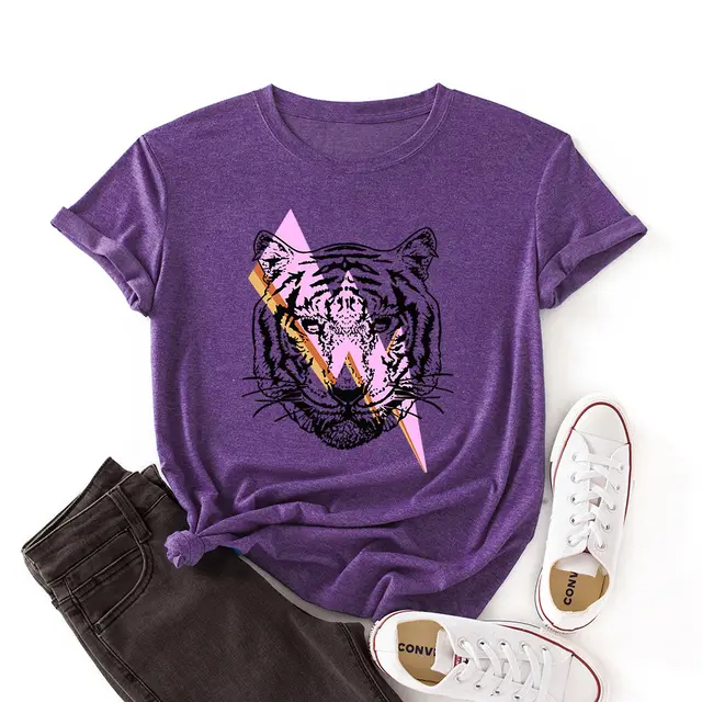 Women's Lightning Tiger Loose Round Neck Color Cotton Short Sleeve T Shirt Purple - Shop at LoveMi