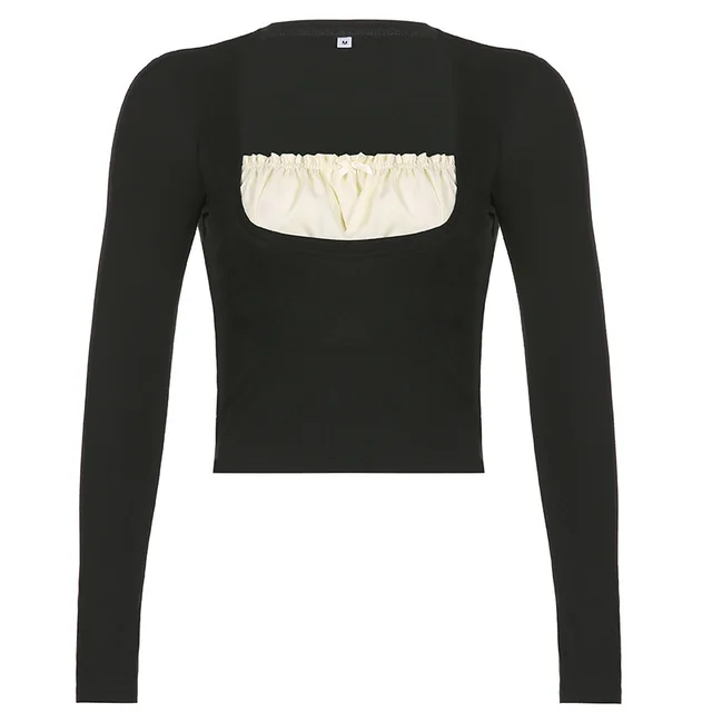 Fake Two piece Long sleeved T shirt Square Collar Black - Shop at LoveMi