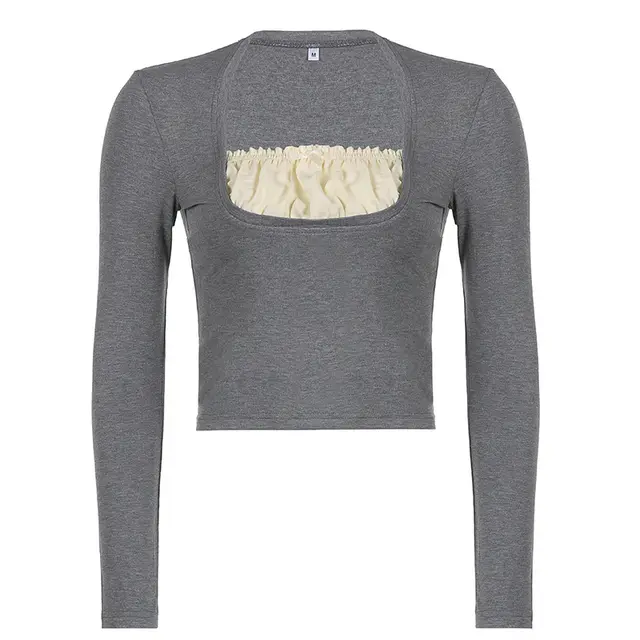 Fake Two piece Long sleeved T shirt Square Collar Grey - Shop at LoveMi