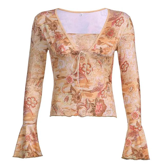 Fake Two piece Long sleeved T shirt Square Collar Orange - Shop at LoveMi