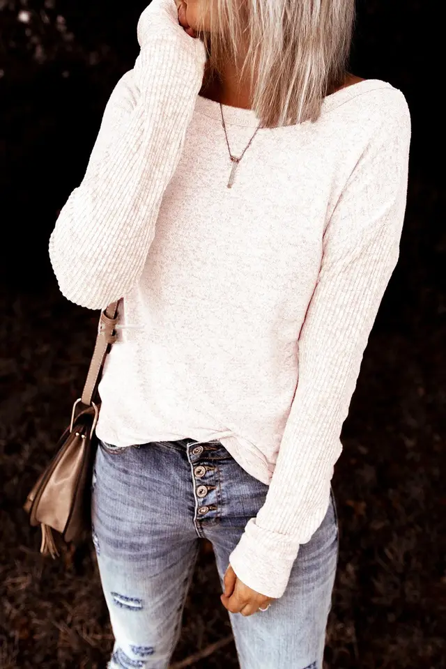 Women's T Shirt Fall Casual Knotted Long Sleeve Slim Fit Knit Sweater White - Shop at LoveMi