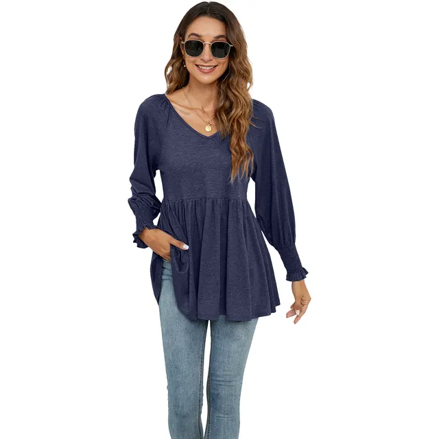 Women's New V neck Puff Long sleeved Tunic T shirt Navy Blue - Shop at LoveMi