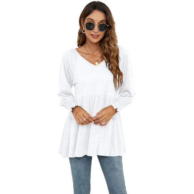 Women's New V neck Puff Long sleeved Tunic T shirt White - Shop at LoveMi