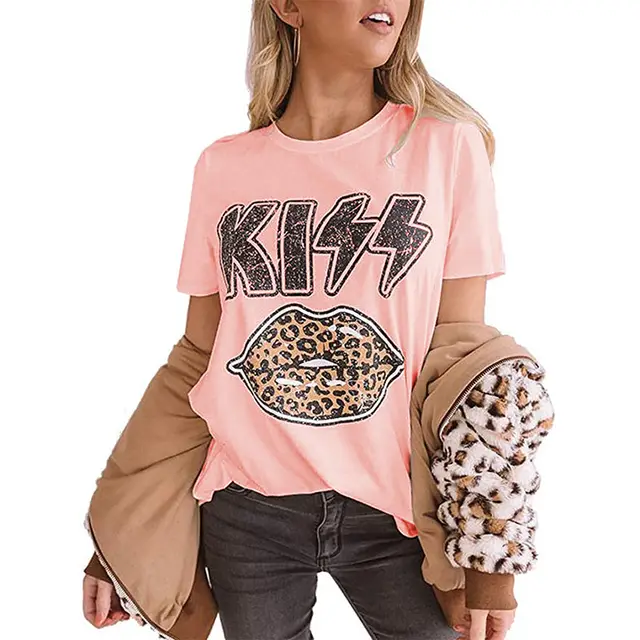 Printed Leopard Lips Crew Neck Short Sleeve Blouse Pink - Shop at LoveMi