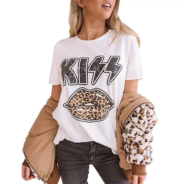 Printed Leopard Lips Crew Neck Short Sleeve Blouse White - Shop at LoveMi