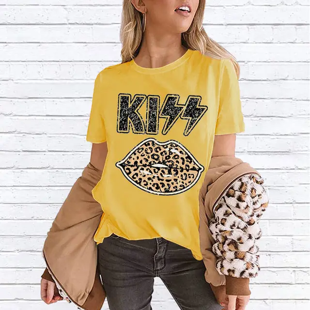 Printed Leopard Lips Crew Neck Short Sleeve Blouse Yellow - Shop at LoveMi