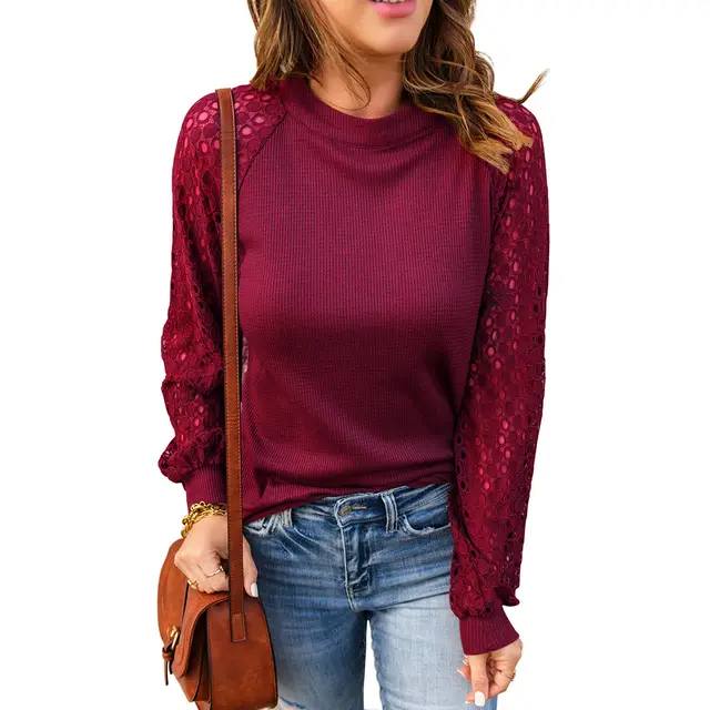New Women's Round Neck Lace Stitching Long sleeved Top T shirt Wine Red - Shop at LoveMi