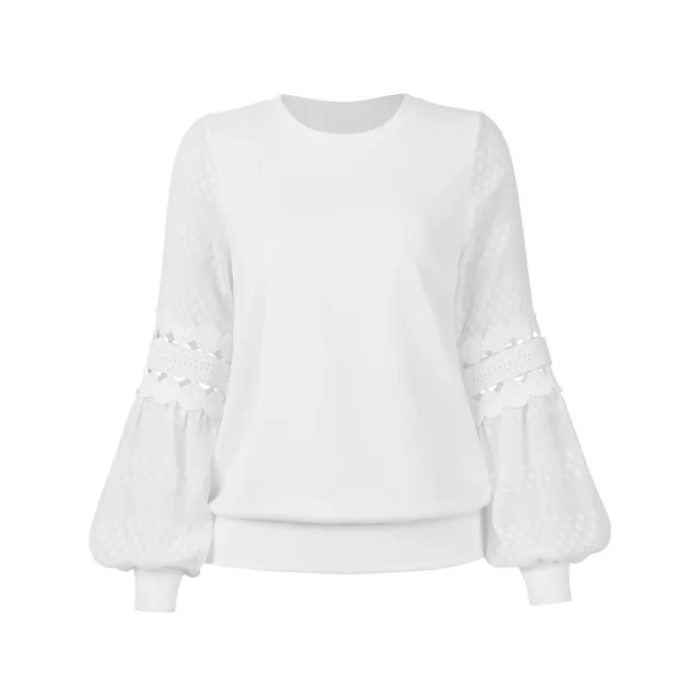 Women's Fashion Long Sleeve Round Neck Pullover Top White - Shop at LoveMi