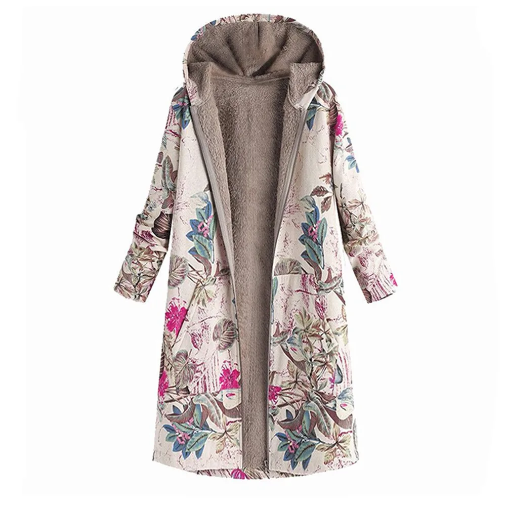 Vintage Print Cotton Hooded Zip Long Fleece Ladies Coat - Rose Red
