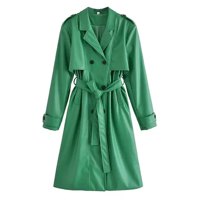 Loose Double Breasted Long Trench Coat French Women's Coat Green - Shop at LoveMi