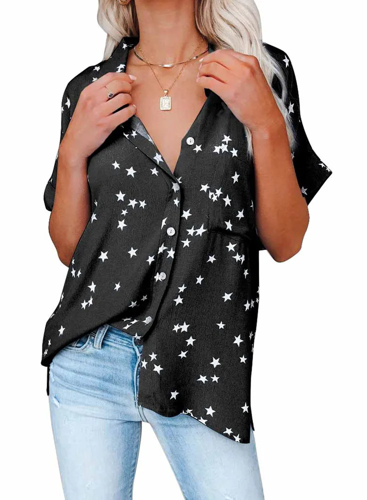 Star Print V-neck Buttoned Bat Short-sleeve Shirt - Black